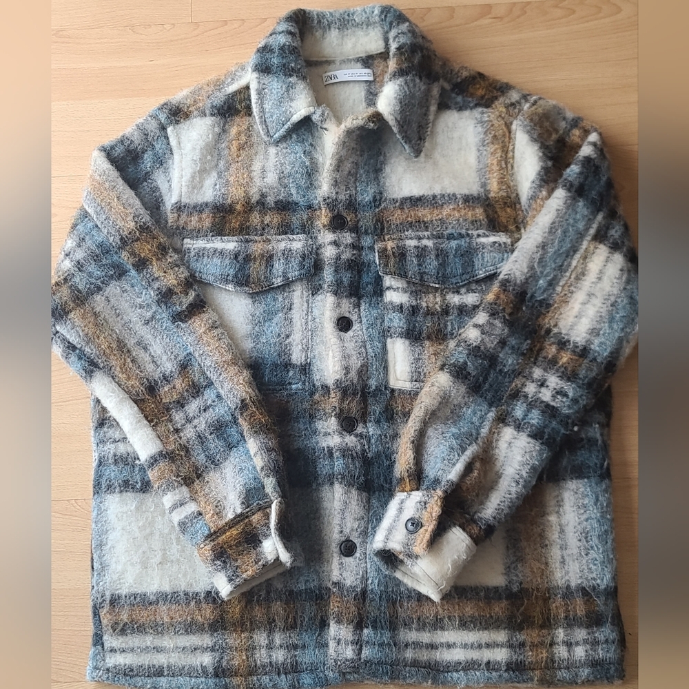 Zara Blue and Cream Lightweight Shirt Jacket